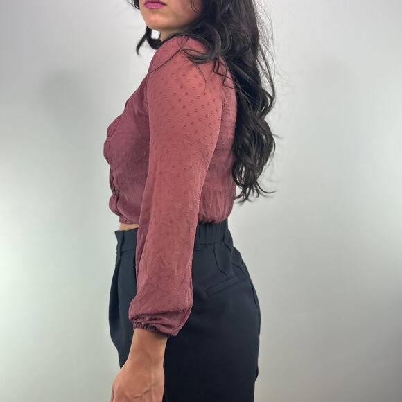 Abercrombie & Fitch Mauve Cropped Button Front Ruched Blouse - Picture 7 of 10